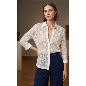 Anne Fontaine Paris Ellie Lace Button Down Women 46 Sz 14 Off White Quiet Luxury